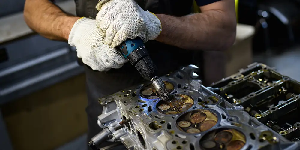Technician wearing gloves using a power drill during engine repair work at BNS MOTORS