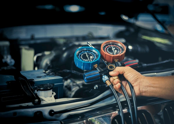 Close-up of car air conditioning service with freon refill hoses and pressure gauges connected at BNS MOTORS