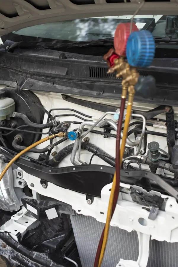 Technician checking car AC pressure with blue and red manifold gauges for refrigerant refill at BNS MOTORS